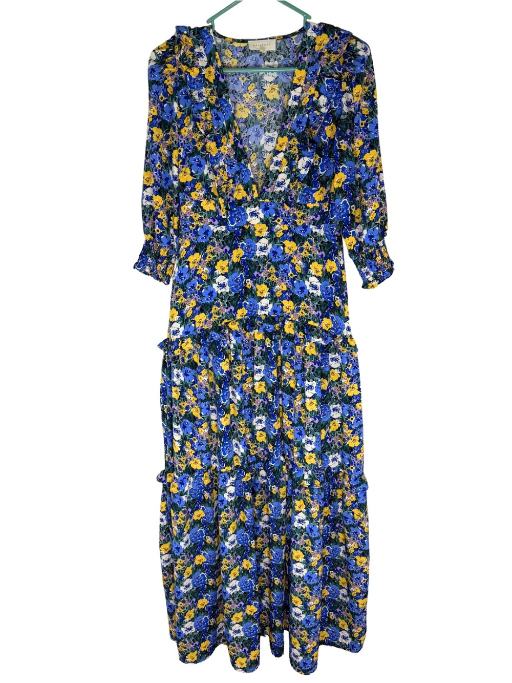 MELLODAY Blue & Yellow Floral Tiered V-Neck Maxi Dress Size XS